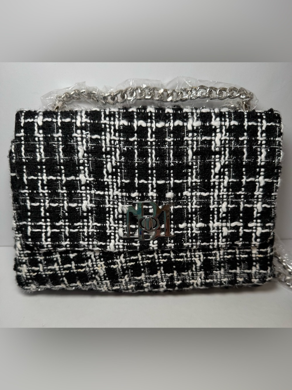 Badgley Mischka Textured Tweed Messenger Bag Heavy Chain Flap Crossbody